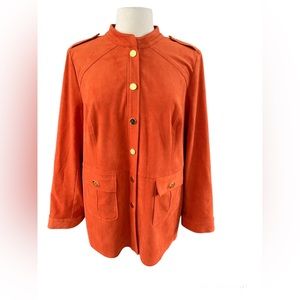 Chicos Orange Ultra Faux Suede Jacket Gold Snap Front Chicos Size 2 = 12